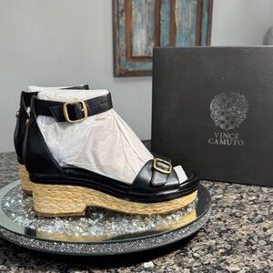 Vince Camuto Black and Tan Espadrille Wedges NEW 7